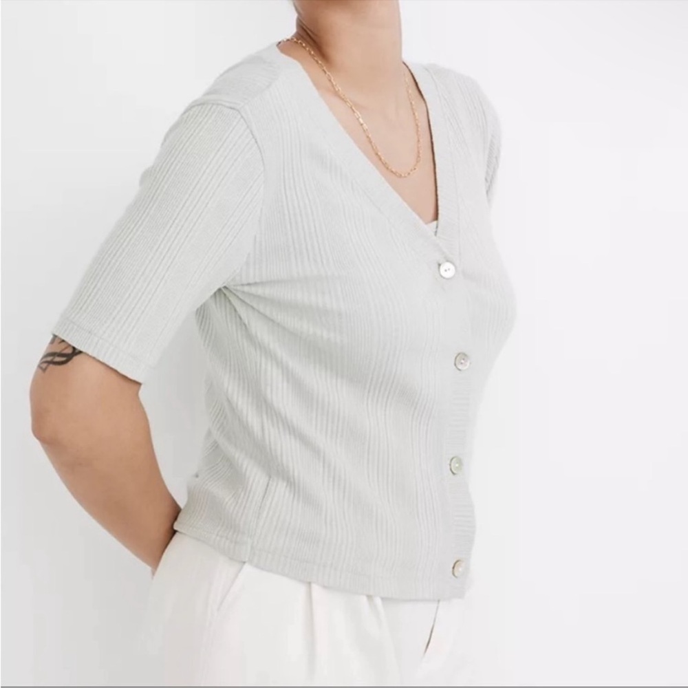 Madewell Pointelle Cardigan in Ashen Sage Ribbed Sweater Button